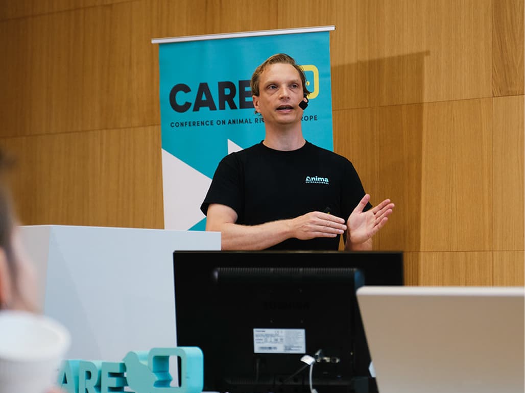 A speaker giving a talk in front of the CARE Conference banner
